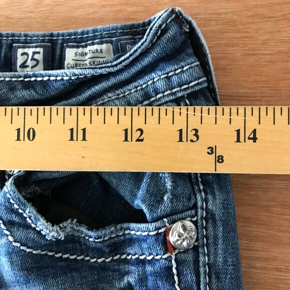 Miss Me Signature Cuffed Skinny Jeans Women 25 Blue Low Rise Aztec Patch Flap - Picture 11 of 16